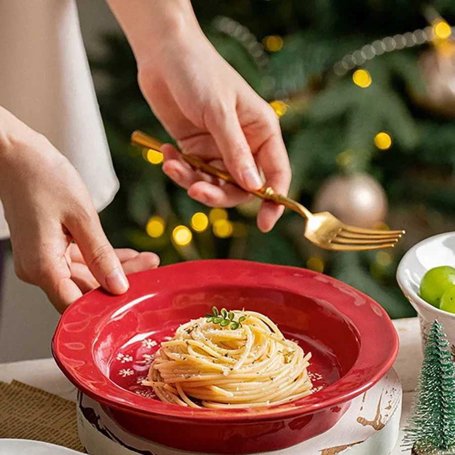 Christmas Christmas Series Tableware Relief Plate Red Snowflake Pattern Steak Western Dish Plate Simple Ceramic Dessert Bowl Mug Y251113
