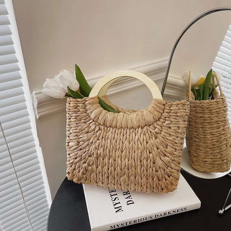 Handmade Beach Bag Fashion Lady Straw Woven Basket Handbag Summer Women's Shoulder Bag Bohemia Travel Han Made Beach Bucket Shopper Tote Kq1