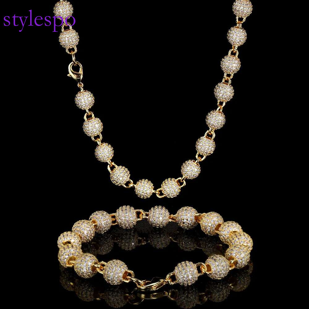 8mm Hip Hop Beads Ball Chain Necklace Bracelets 5A Zircon Women Mens Jewelry Set