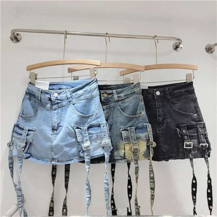 Womens Casual Multiple Pockets Denim Vintage Goth Y2k Mini Skirt 2024 New Fashion Women Skirts
