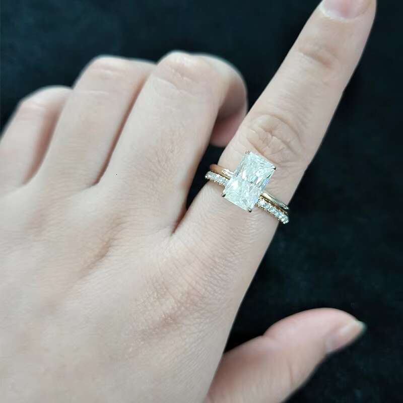 Starsgem 14k Yellow Solid Gold Radiant Crushed Ice Moissanite Ring with Hidden halo Eternity Band Ring Set