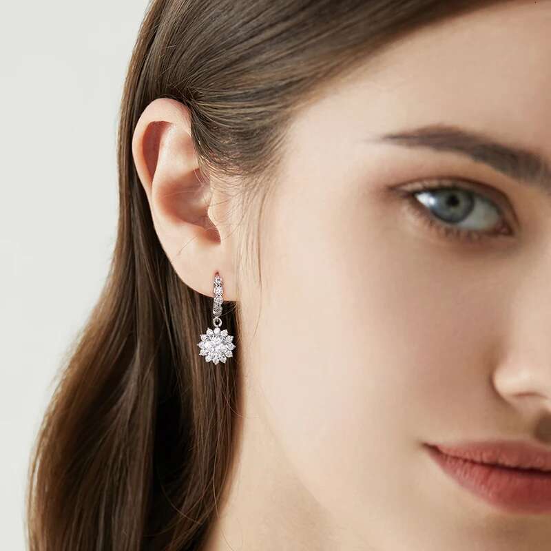 GRA 1-2CT Wedding Diamond Moissanite Sun Flower Earrings for Women with Certificate Real 925 Sterling Silver Luxury Fine Jewelry