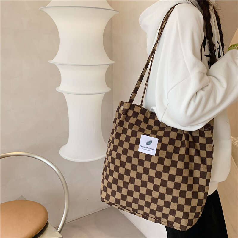 012174 Corduroy Checkerboard Single Shoulder Tote Female Student Classroom Canvas Minimalist Handheld Cloth Bag