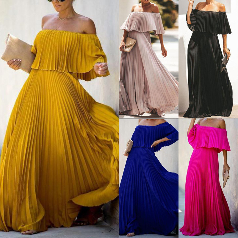 2025 New Womens Long Skirt Sexy Off Shoulder One Shoulder Pleated Chiffon Evening Dress