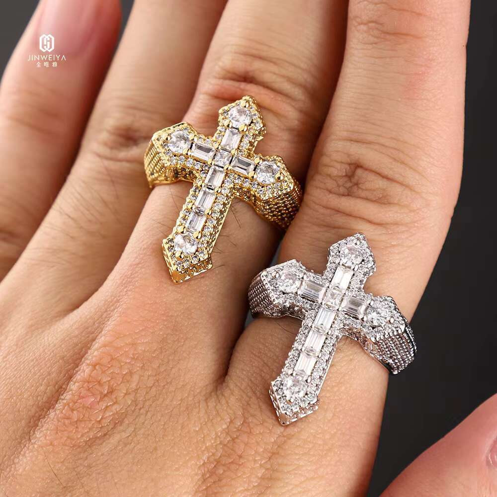 Mens Hip Hop Moissanite Cross Ring 925 Sterling Silver VVS Iced Out for Engagement Party Certified Gra Baguette