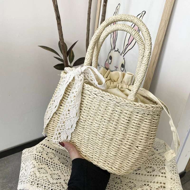 Handmade Beach Bag Women Straw Woven Drawstring Handbag Girls Solid Color Holiday Purse Crossbody Beach Bags Summer Rattan Tote Kq1