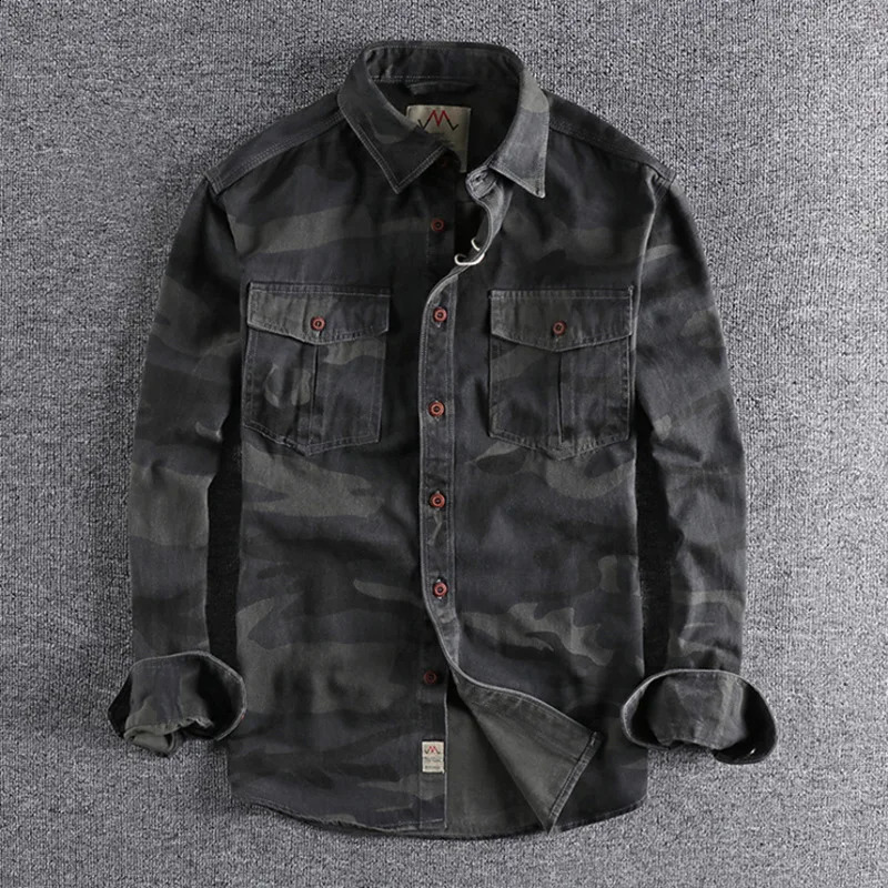 Mens cargo military shirt blue camouflage cotton washed street clothing highquality work hunting style mens long sleeved shirt jacket 250411