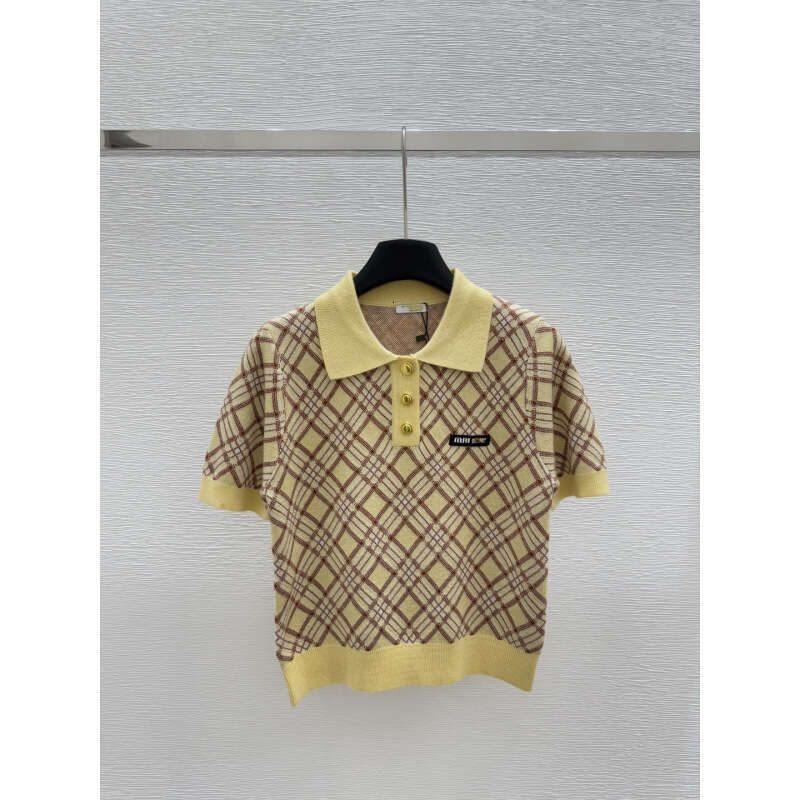 Designer clothing South Oil High Quality M Home 25 Early Spring New Collection, Collar Clash, Checkered Knitted Short Sleeve Women's Wear