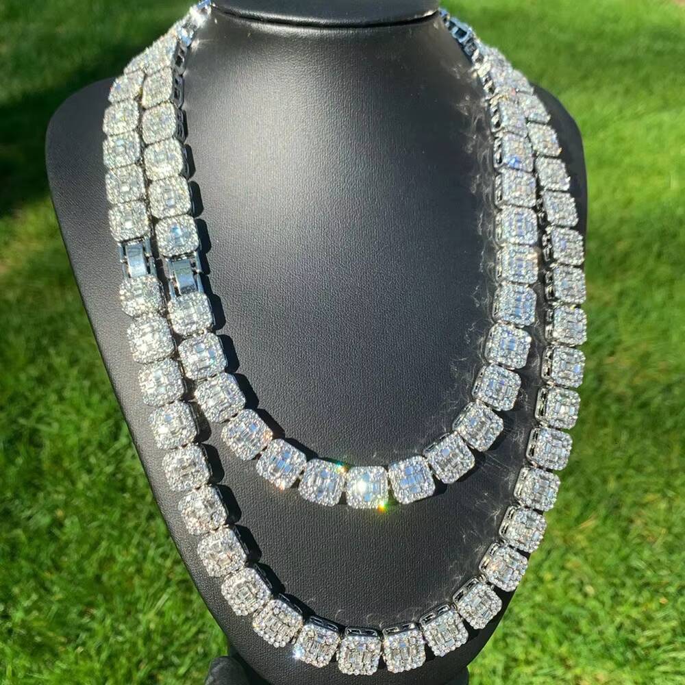 2022 New Design Iced Out Bling 925 Silver 10mm Baguette VVS Moissanite Clustered Tennis Chain