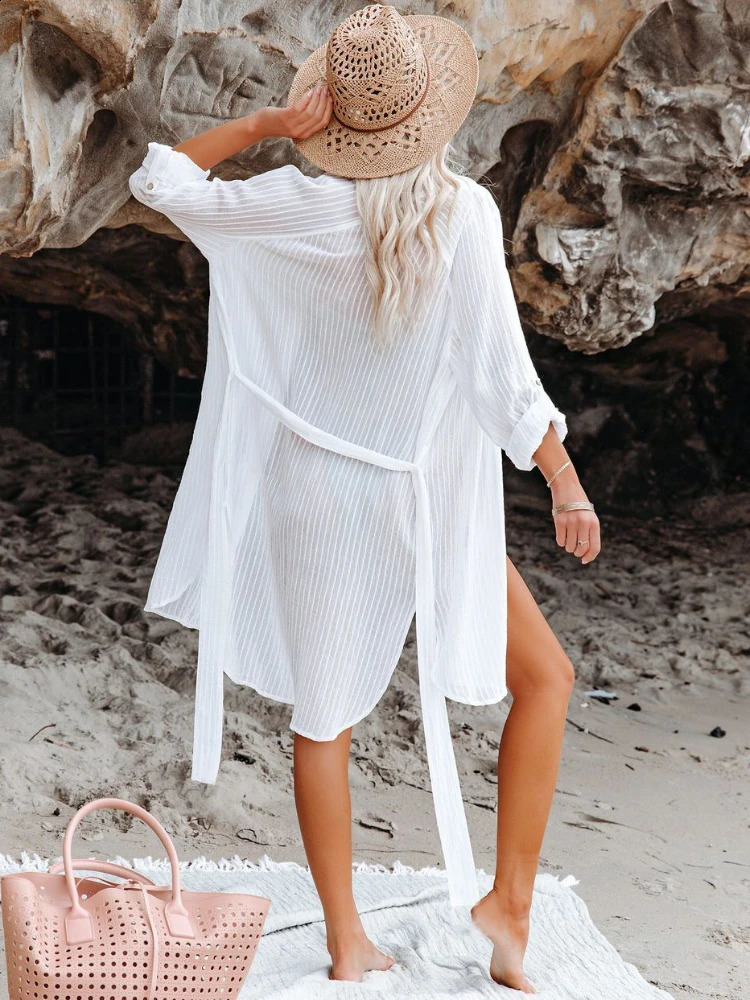Beach Shirts Bikini Cover Ups for Women Self Belted Kimono Dress Elegant Swimsuit Covers Holiday Bathing Suits Beachwear 250409