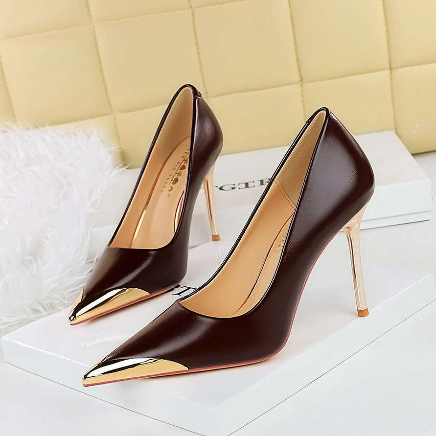 Brown Pumps Designer Shoe 4.5/9.5cm Heels stiletto comfortable High Heel Metal Pointed Toe business casual shoes women
