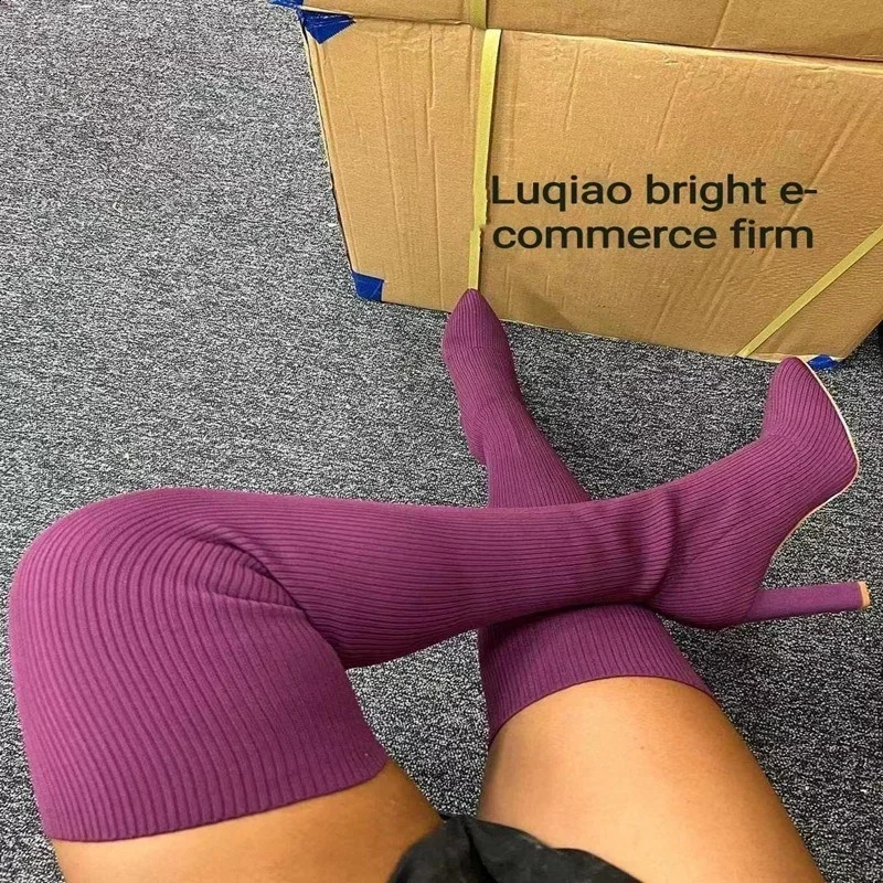 Woman Over The knee Boots Winter Thigh Knitted Elastic Socks Shoe Warm Sexy Stilettos Heels Pointed Long Boots 35-43 botas mujer 250411