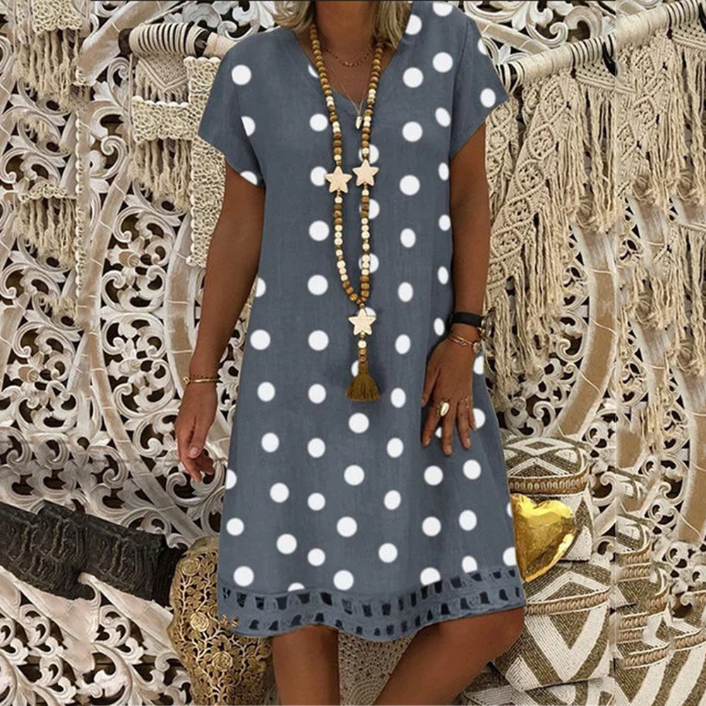 2025 Spring/summer New Womens Dress Fashion Polka Short Sleeve V-neck Printed Middle Skirt