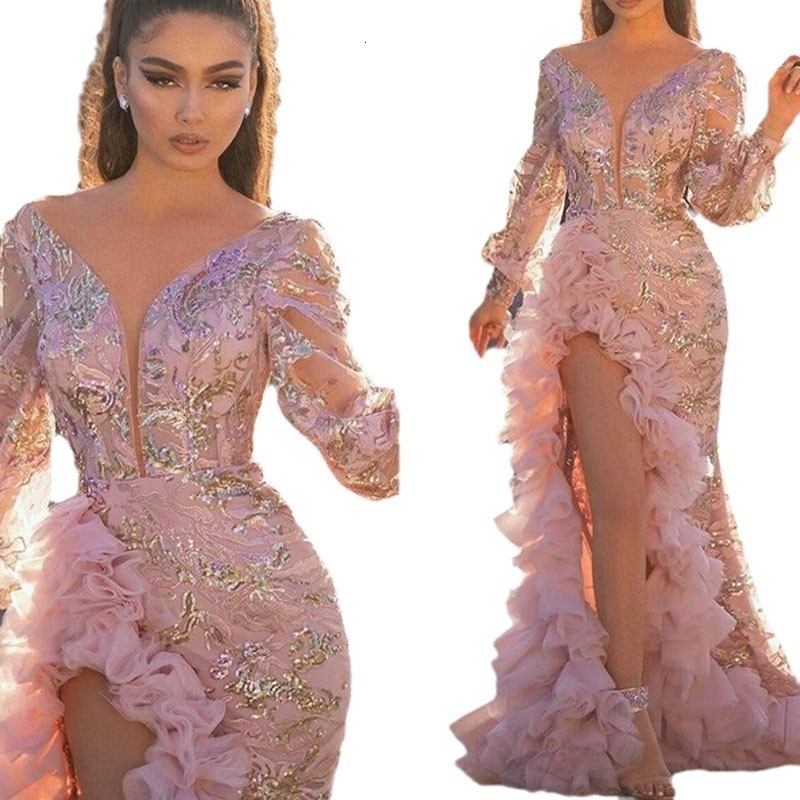 2025 Autumn New Womens Sexy Mesh Trailing Sequin Slit Pink Evening Gown