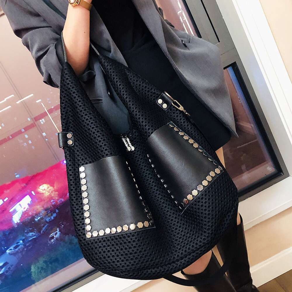 Backpack High end Trendy New Women's Personalized Mesh Single Shoulder Genuine Leather Big Handle Bag