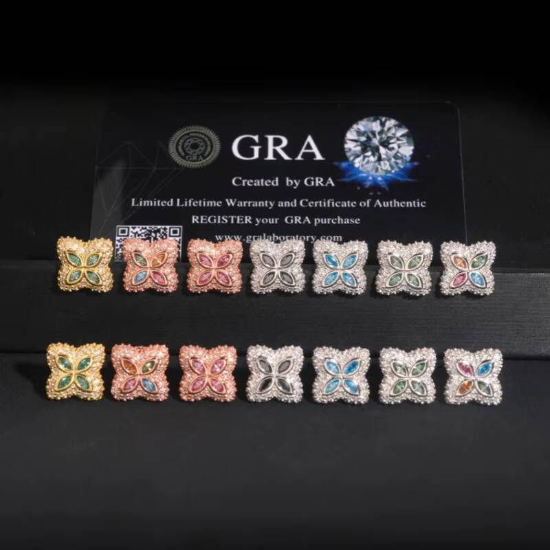 Ready to Ship 15mm Color Moissanite Flower Stud Earrings 925 Silver Hip Hop Iced Earrings Pass Diamond Test