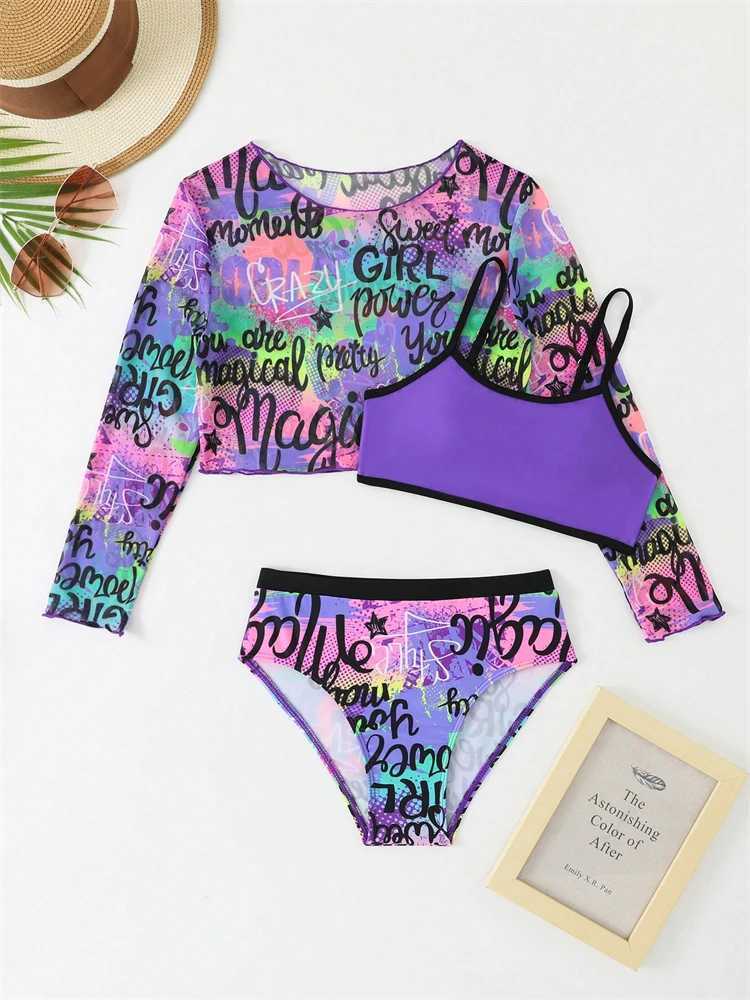 Bikini Kids Girls Swimsuit 2026 New Purple Letter Sling Mesh Long Sleeve Children Bikinis Set Swimwear Summer Beach Bathing SuitW251113