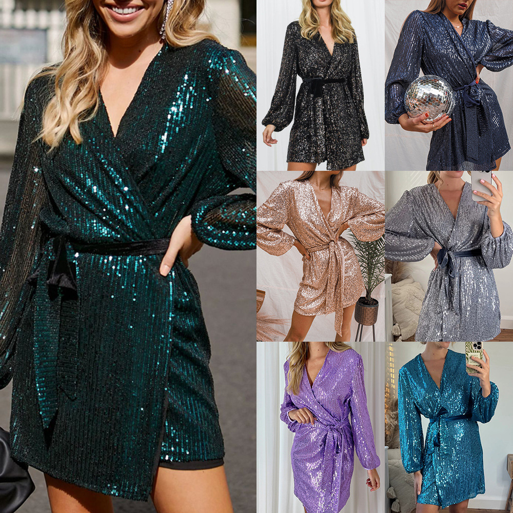 2025 New Glitter Mini Wrap Dress Womens V-neck Long Sleeve Bubble Sleeve Sparkling Surrounding Party Clothing