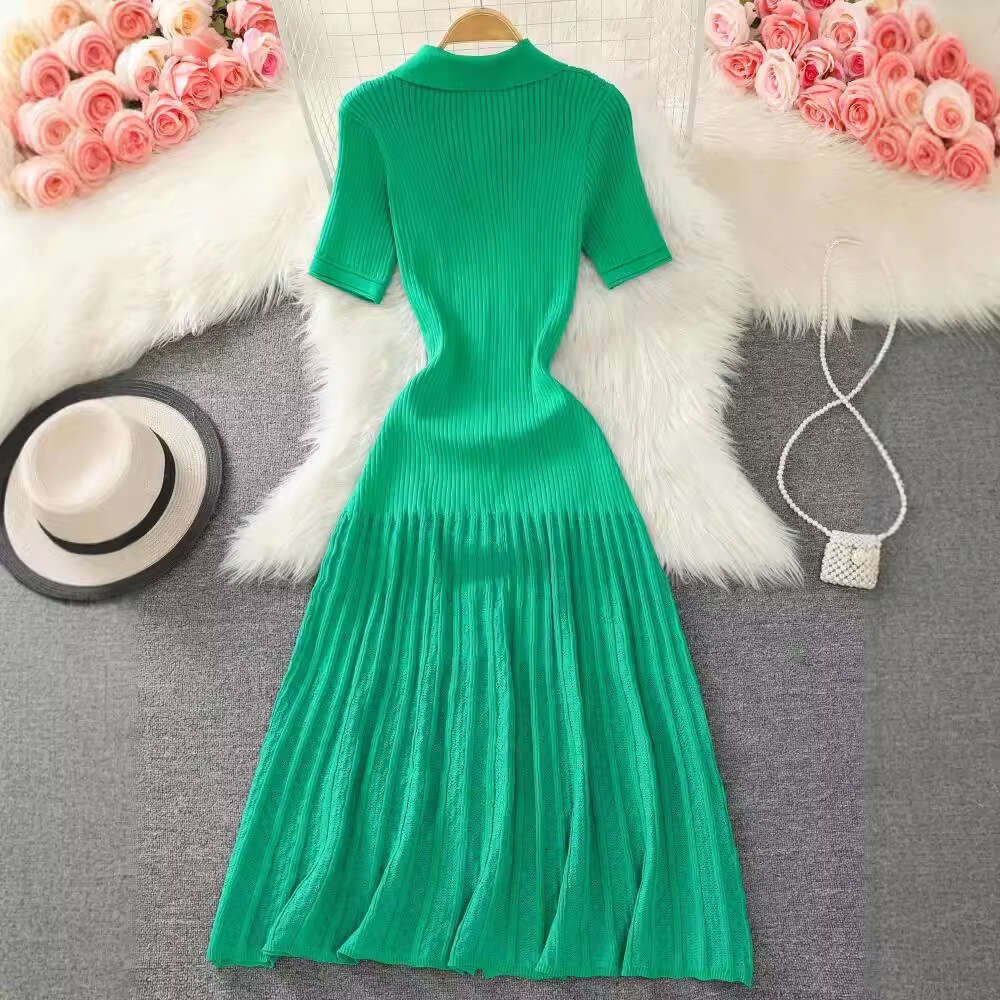 Designer 2025 Summer French Socialite Spicy Girl Style Doll Collar X-Shaped Solid Color Medium Long Slit Knitted Fabric Dress