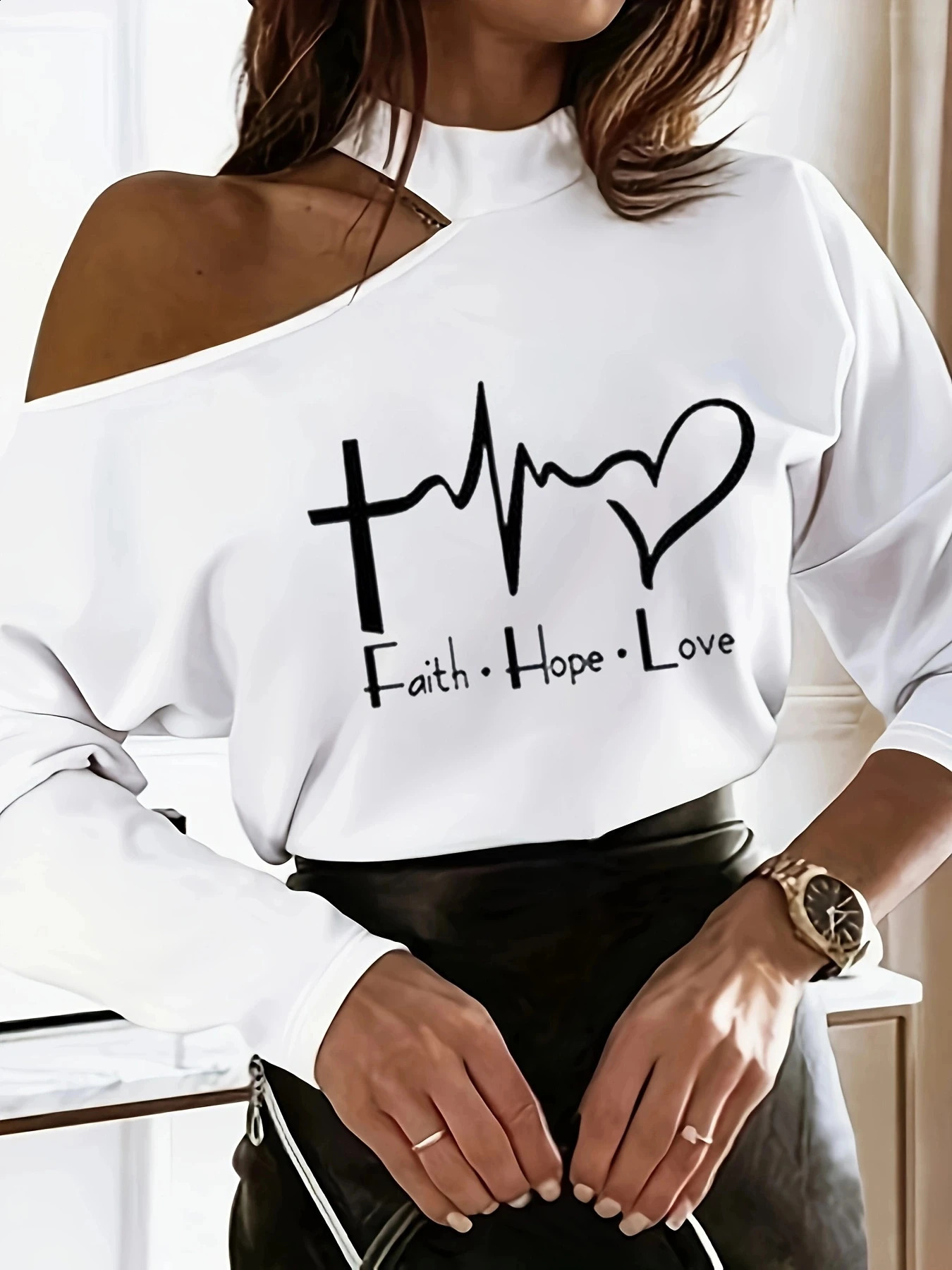Elegant solid fashion Oneck shoulder long sleeved Tshirt for womens autumn white top sexy hollow 250407
