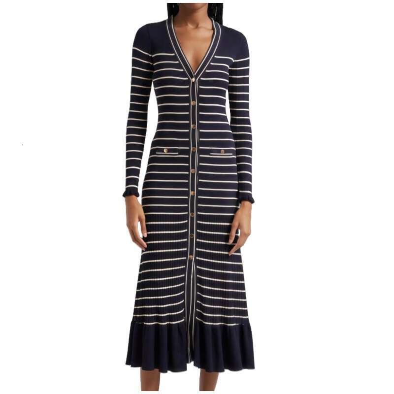 Autumn Slimming Striped Gentle High-End Knitted Long Dress, Children's New 2025 French Style Dress