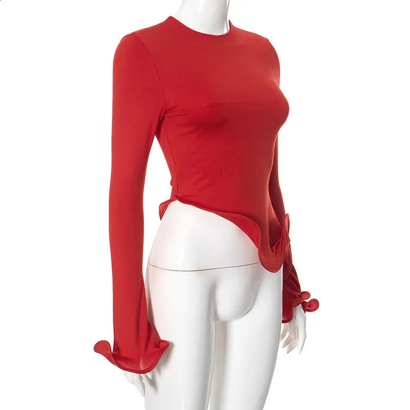 Sping Autumn Womens Elegant Sparkling Sleeves Ruffle Red Tshirt Oneck Irregular Solid Kassar Crop Top 250407