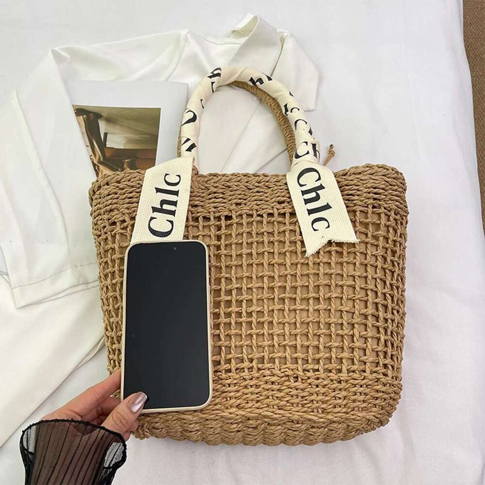 Handmade Beach Bag Womens Large Straw Tote Bag Braided Raffia Handbag Letter Ribbon Accent Drawstring Lightweight Spacious For Beach Vacation Kq1