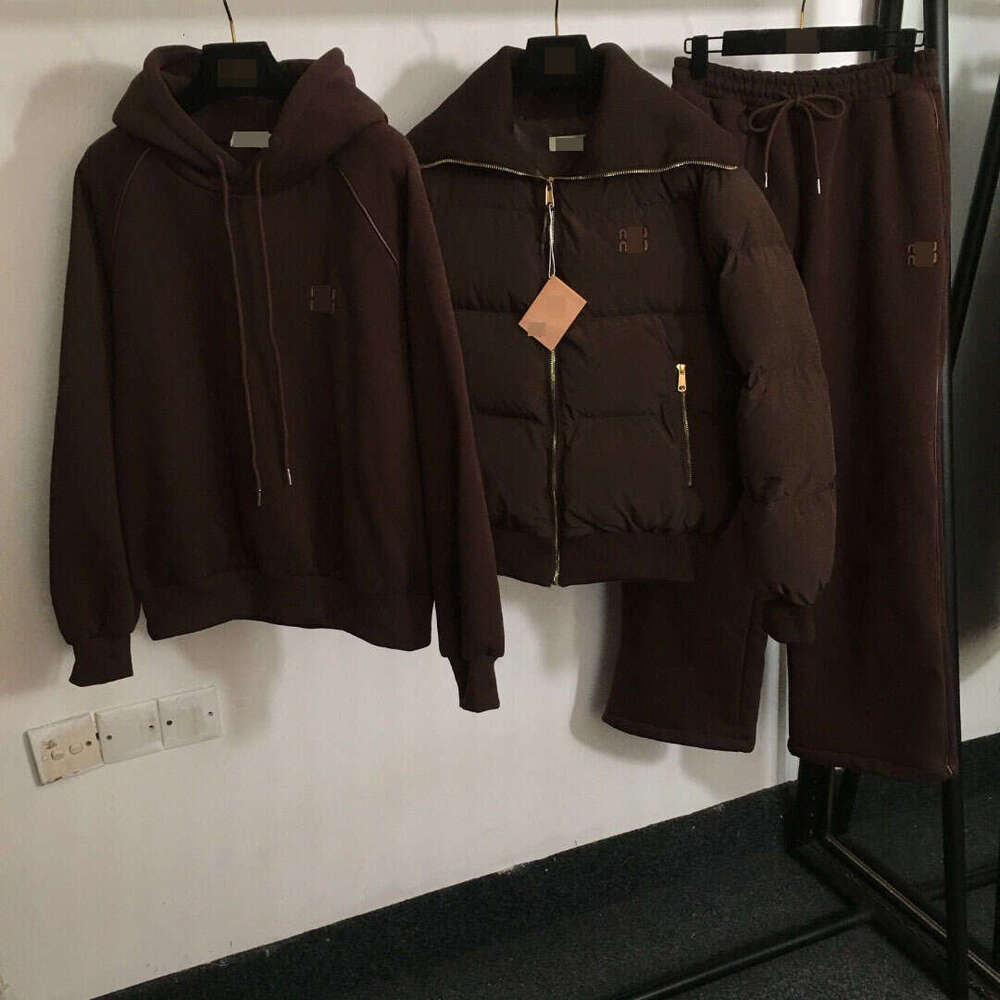 New M Home Warm Three Piece Set Leather Label Collar Coat Long Sleeve Hoodie Wide Leg Pants