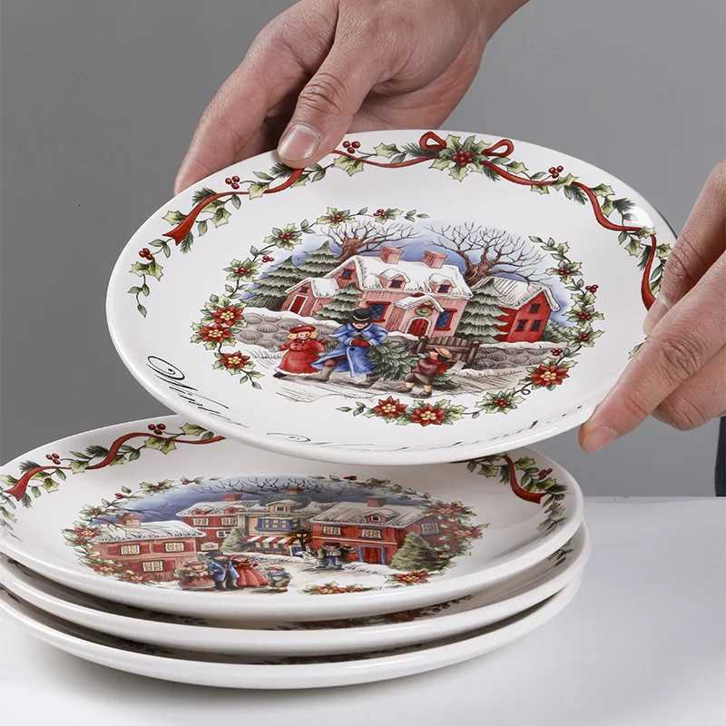 Christmas European Style Ceramic Flat Plate Creative Christmas Round 86 Inch Dining Plate Y251113