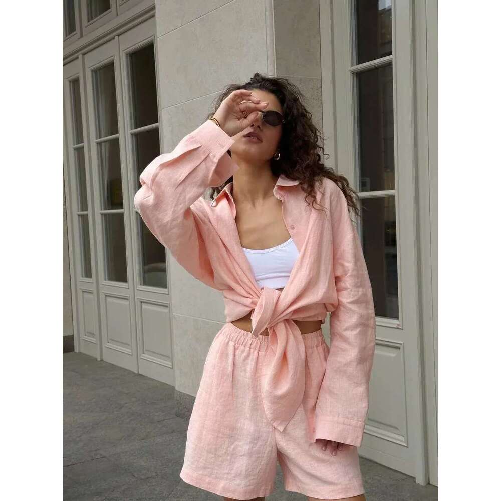 Wolfeel 100% Cotton Women's Casual Sets Solid Color Cozy Lapel Long Sleeve Shirt Summer Loose Elastic Waist Shorts Suits