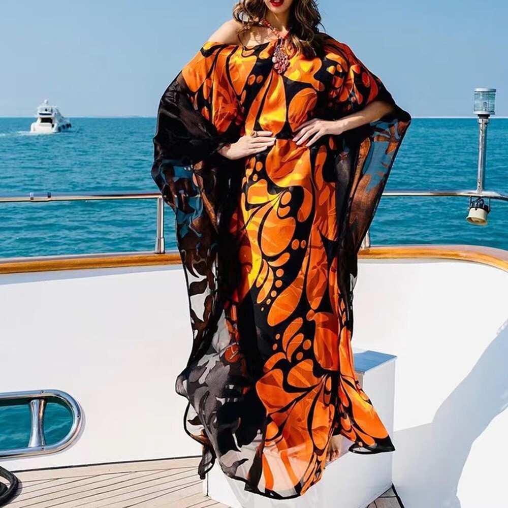 2025 New Spring/summer Womens Dress Bohemian Dress Printed Wide Truffle Shoulder Long Skirt