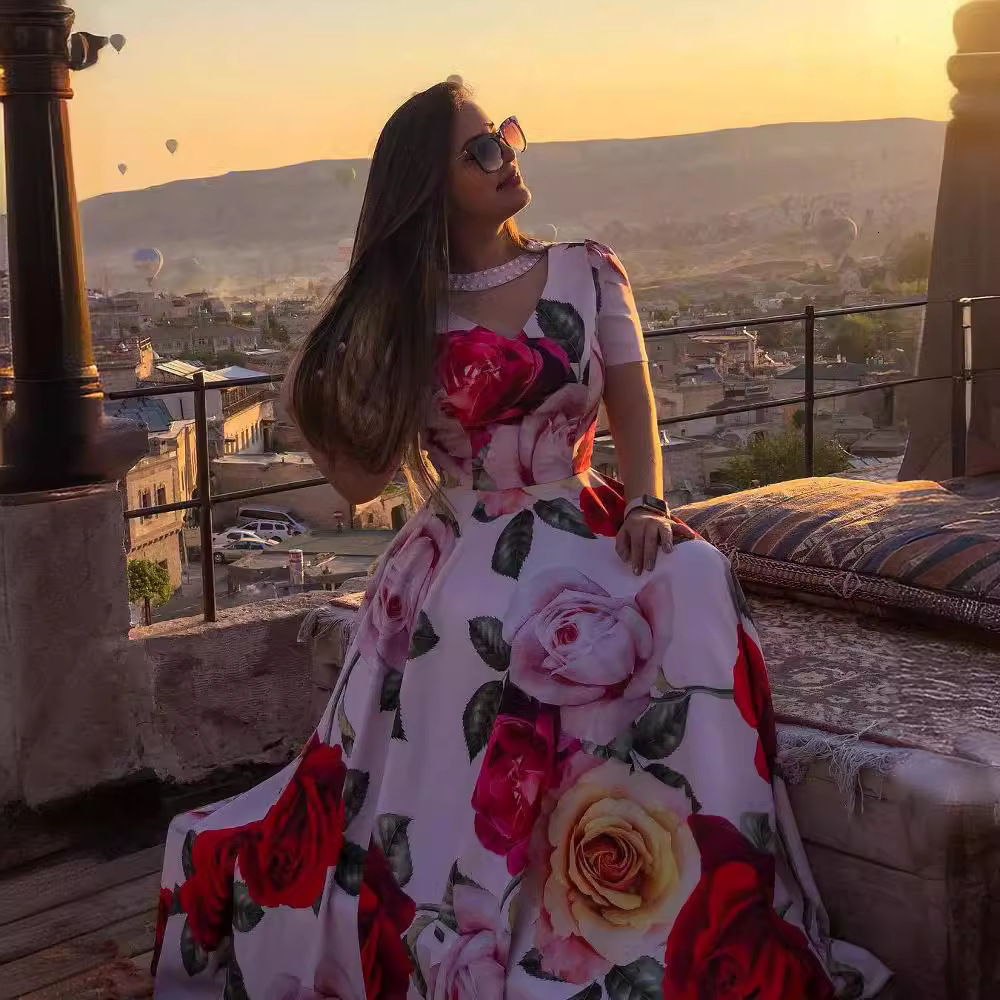 2025 Spring New Rose 3d Printed Large Pendulum Nail Bead Splicing Short Sleeve Dress