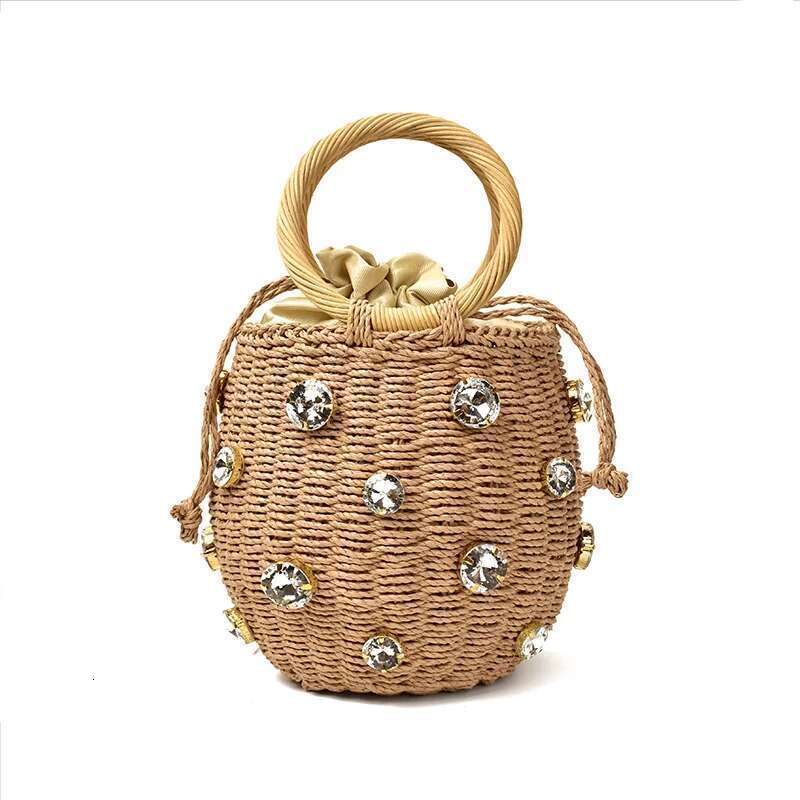 2023 New Handmade Rhie Crystal Embellished Bag Straw Bucket Bags Lady Travel Purses Handbags Sac En Paille Femme
