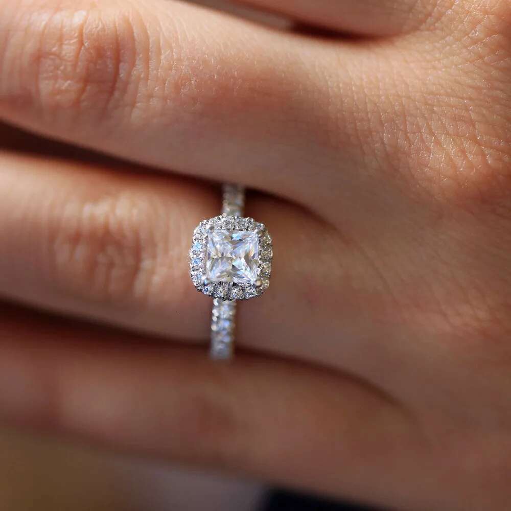 7.0mm 2.0ct Carat Elegant DEF Color Princess Halo Engagement Wedding Moissanite Diamond Ring For Women Real 14k 585 White Gold