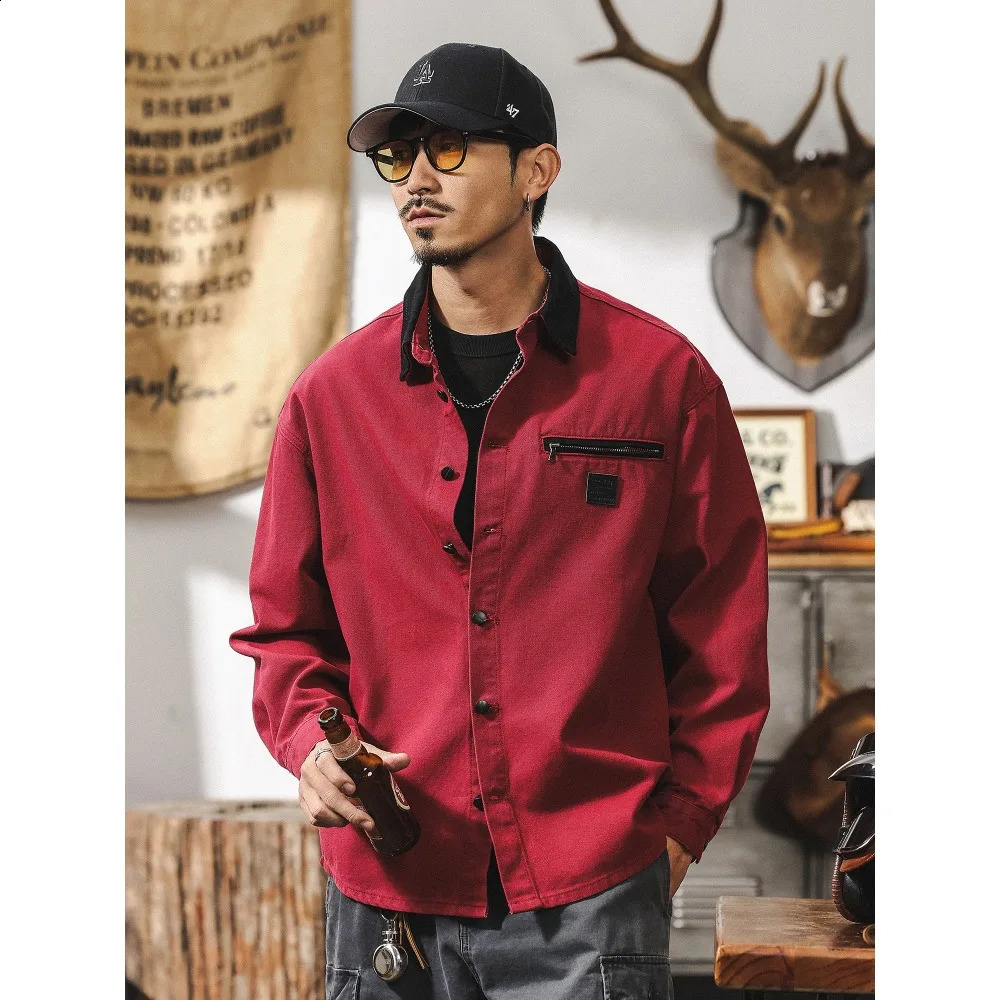 Spring and Autumn Bordeaux Red Goods Shirt Mens Long Sleeve Retro Loose May Khaki Coat 250411