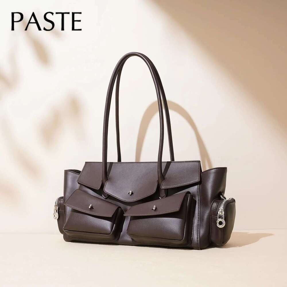 Motorcycle Style Multiple Pockets Design Large Tote Glossy Split Cow Leather Women Handbag Vintage Shoulder Bag Long Handle