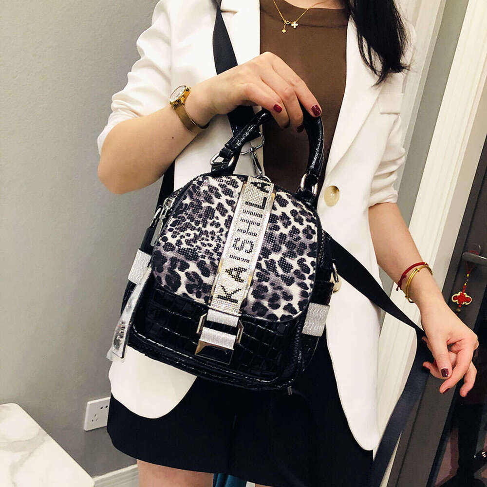 Backpack leopard print diamond inlaid small backpack for women new fashion trend soft leather handbag casual crossbody bag