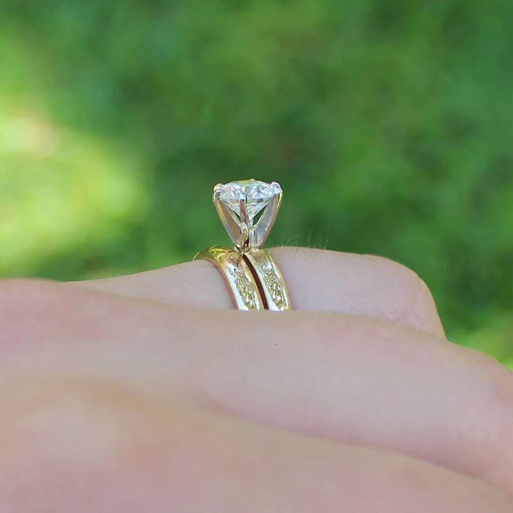 14K Yellow Gold 0.5ct 5mm Moissanite Engagement Solitaire Ring Set Lab Grown Diamond Wedding Ring Set for Women