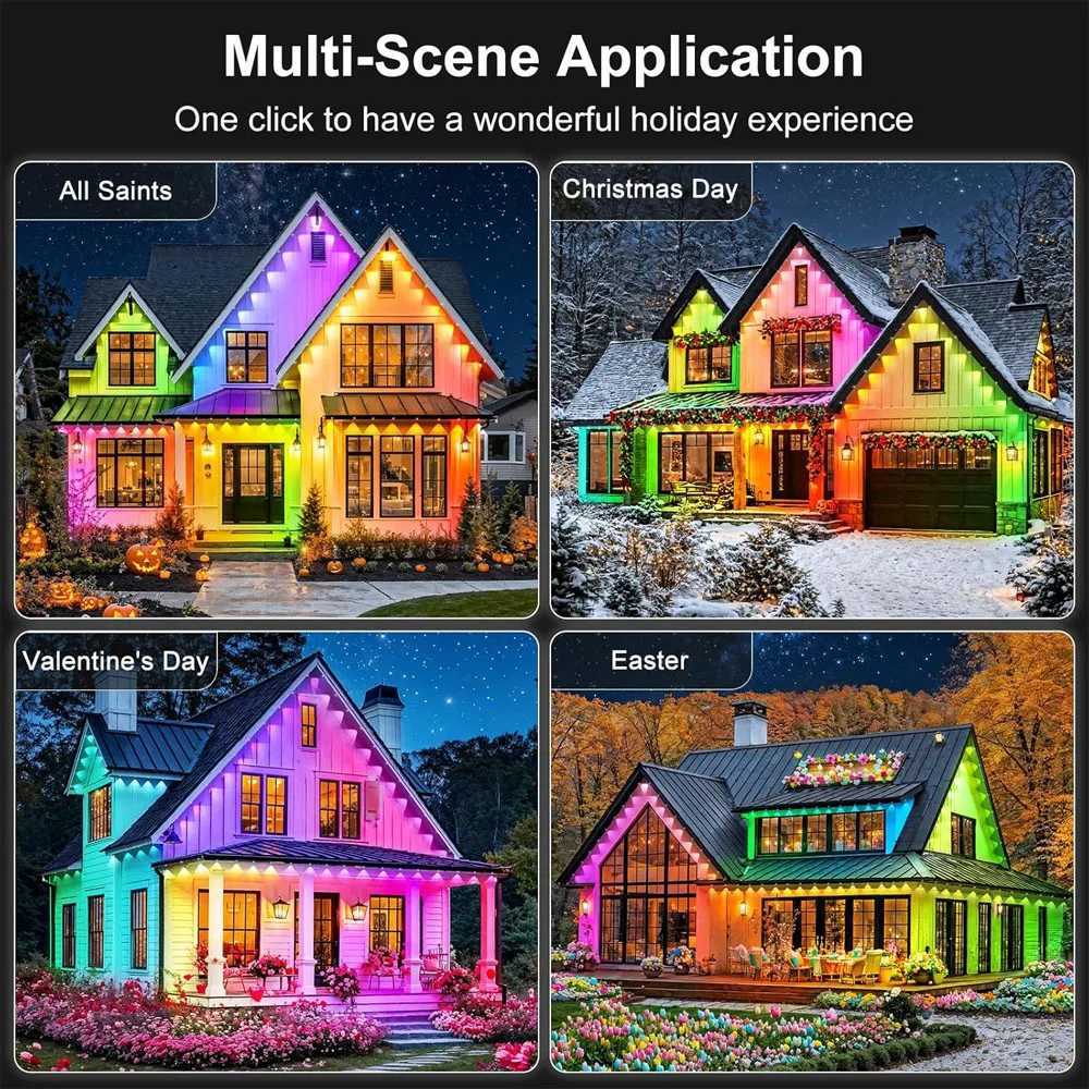 New Black RGB Eaves LED Lights Permanent Outdoor Lights String APP Bluetooth Light Strip Scene Modes House Party Wedding Light W251112