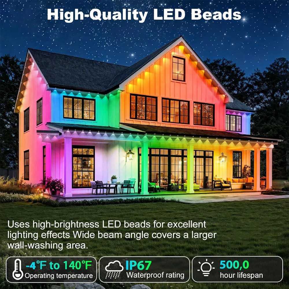 New Black RGB Eaves LED Lights Permanent Outdoor Lights String APP Bluetooth Light Strip Scene Modes House Party Wedding Light W251112