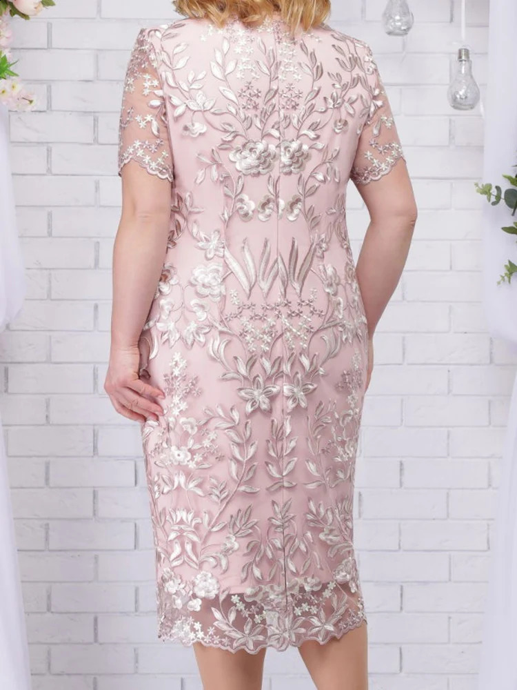 4xl 5xl Plus Size Summer Dresses for Wedding Guest Womens Short Sleeve Lace Floral Elegant Bodycon Formal Party Dresses 250410