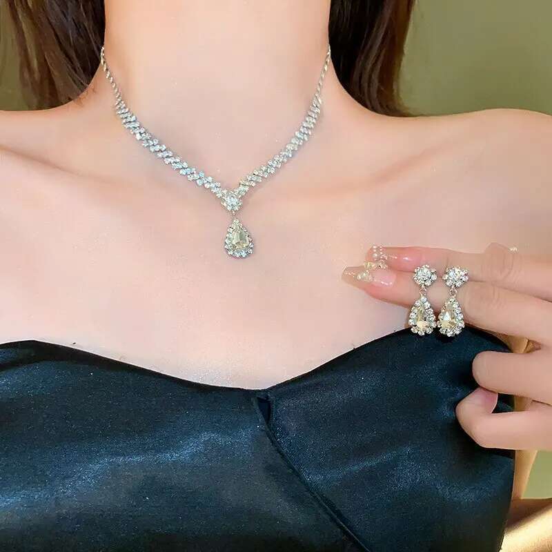 Sparkg Rhie Necklace Drop Earrings For Women Geometric Water Droplet Pendant Necklaces Wedding Bride Jewelry Sets