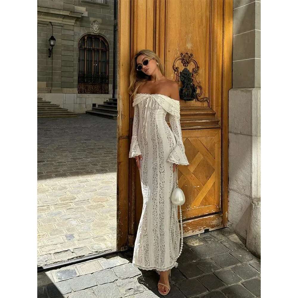 Sexy Lace Flare Sleeve Dress White Off Shoulder Slim Maxi Dresses 2024 Women Female Hollow Out Mermaid Or Length Elegant Robe
