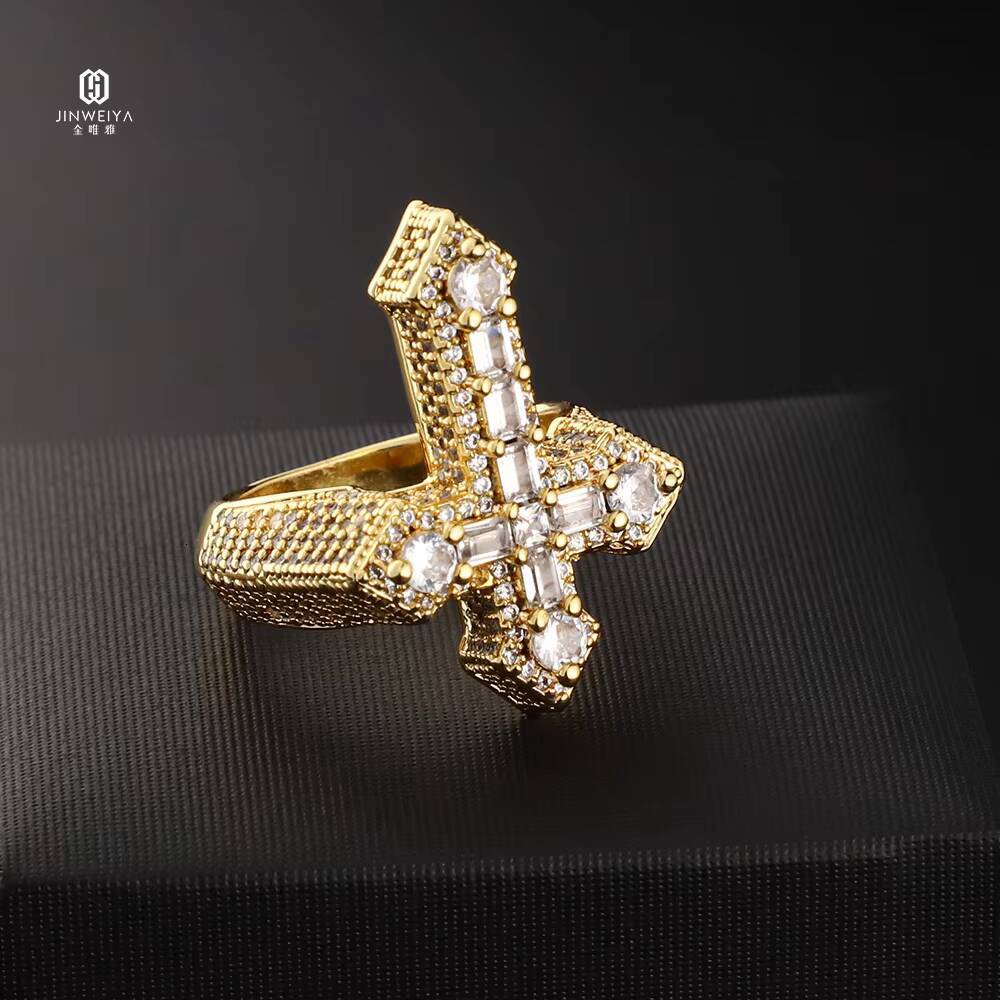 Factory Wholesale High Quality Christian Hip Hop Rings Gold Plated Moissanite Cross 925 Sterling Silver Ring for Men