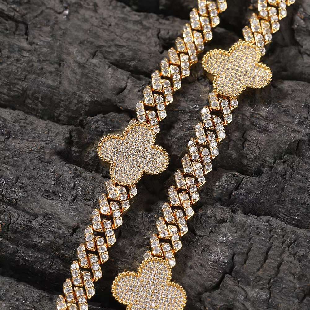 Mens Hip Hop Gold Plated Bling Cuban Bracelet Moissanite Diamond Lucky Clover Bracelet Iced Out Four Leaf Clover Cuban Bracelet