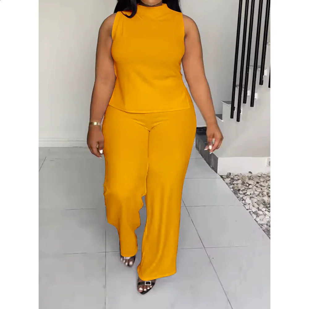 CM.YAYA Plus Size Womens Set O-neck Sleeveless T-shirt Vest and Pants Suits Sweatsuit Two 2 Piece Set Outfit Street Tracksuit 250410