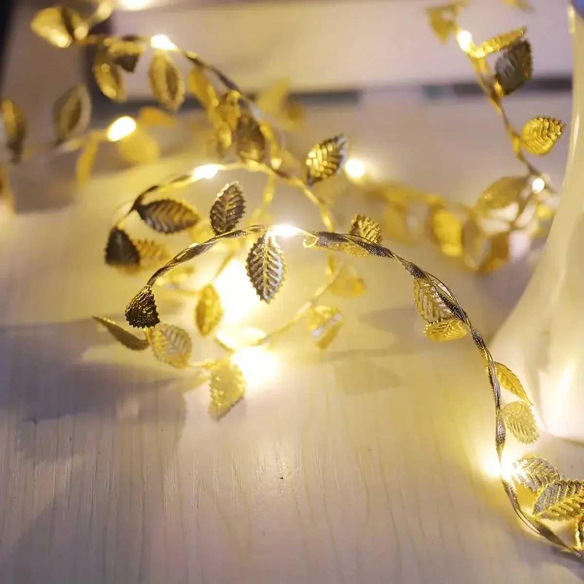 1PC 2M 20LED Golden Tiny Leaves Fairy Light Battery Powerd Led Copper Wire String Lights For Home Wedding Party Festival Decor W251112