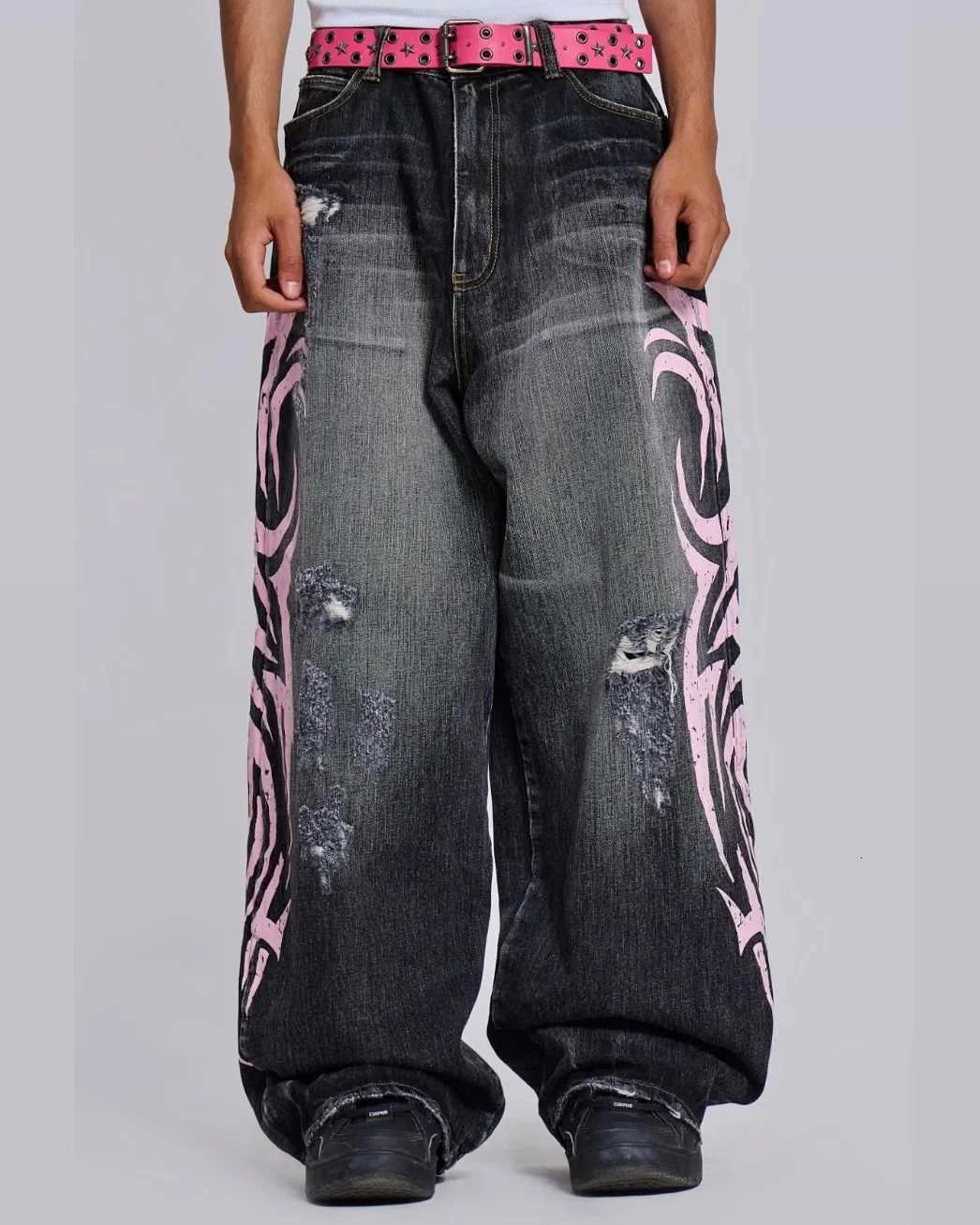 2025 New Fashion Oversized Pink Printed Hole Design Jeans Men High Street Retro Hip Hop Popular Casual High Waist Wide Leg Pants M251113