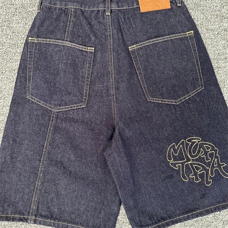 Men's Jeans Embroidered Men Women 1:1 Quality Streetwear Navy Blue Oversized Denim Shorts