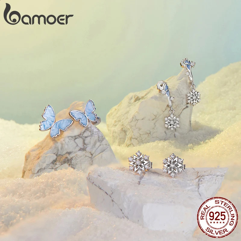 genuine 925 sterling silver blue butterfly earrings white gold plated hypoallergenic cute earrings SCE1823 250409